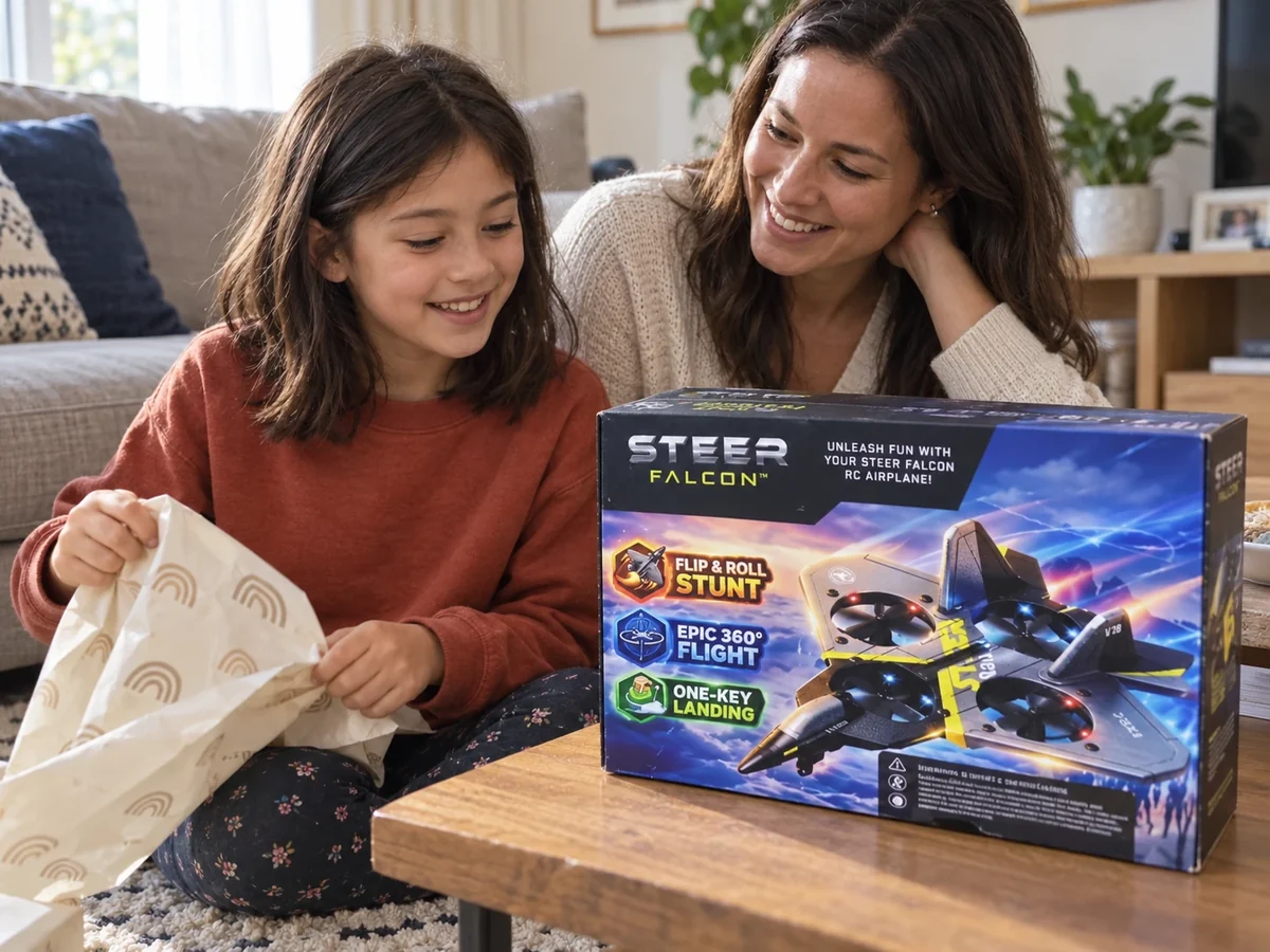 A girl and her mother opening a Steer Falcon box