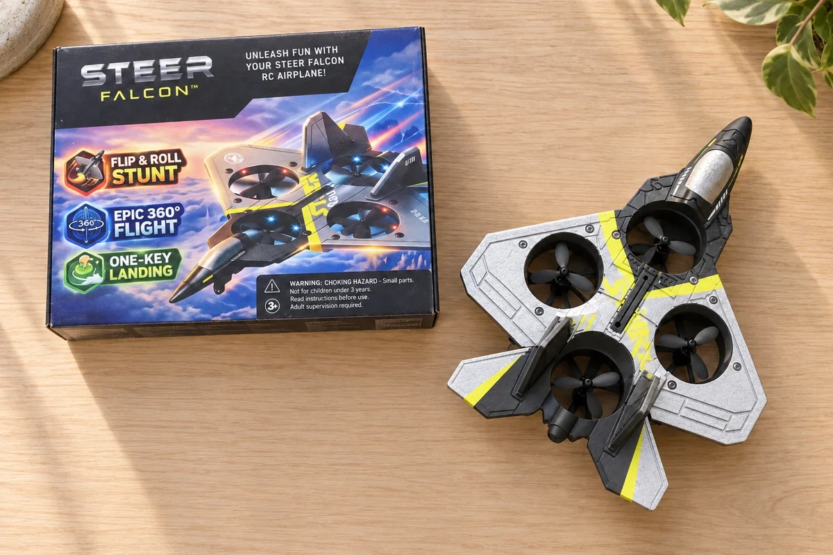The Steer Falcon airplane next to its branded box