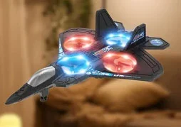 The plane with its red and blue lights on